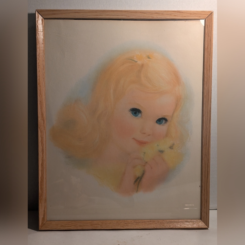 Frances Hook Original Print Of Little Girl Holding Dandelion Flowers 1960.